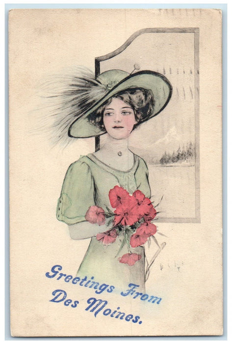 1911 Greetings From Des Moines A Lady In Dress Hat & Bouquet Iowa IA Postcard