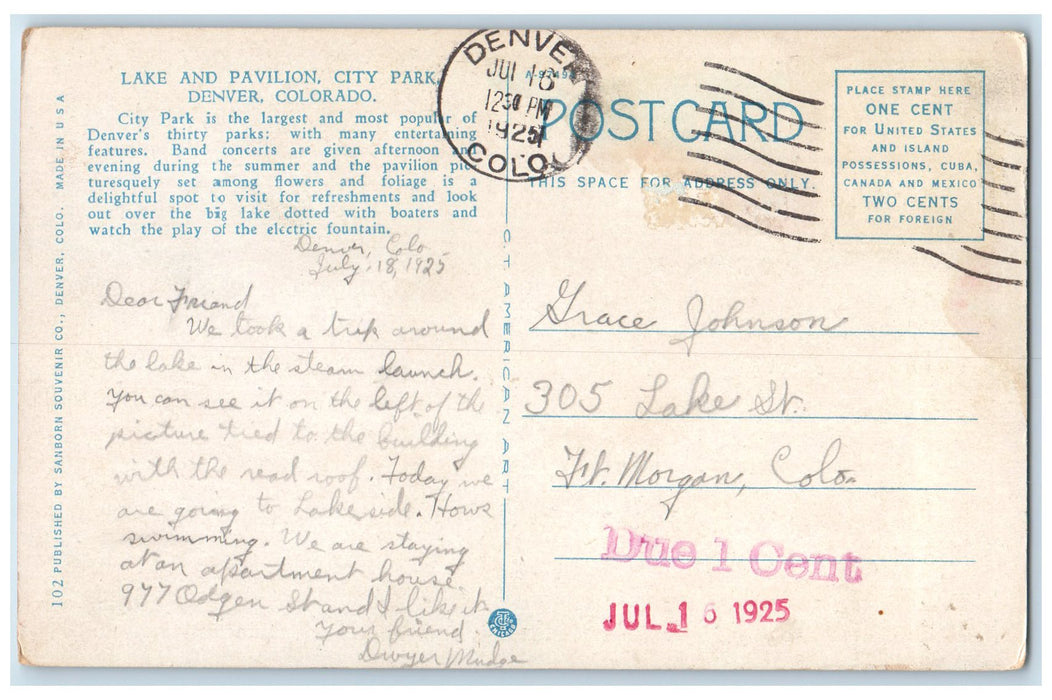 1925 Lake & Pavillion City Park Boating Paddling Denver Colorado CO Postcard