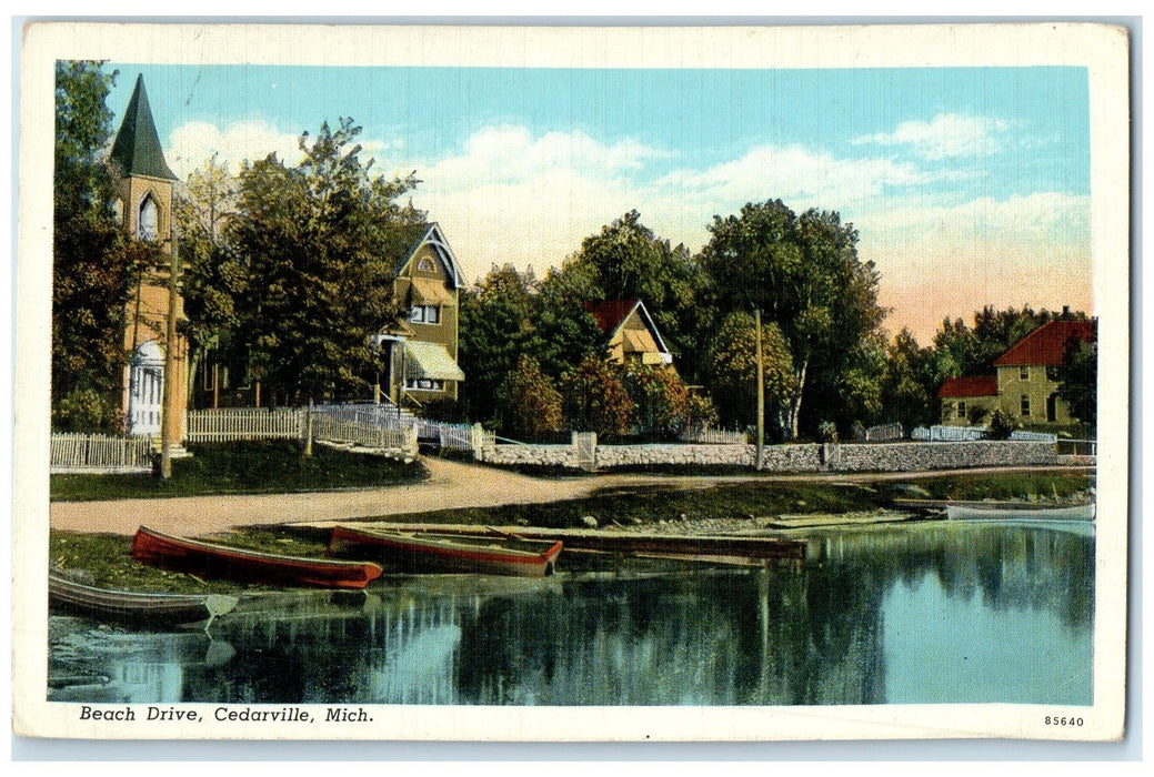 1938 Beach Drive Harbor Boats Docked Buildings Cedarville Michigan MI Postcard