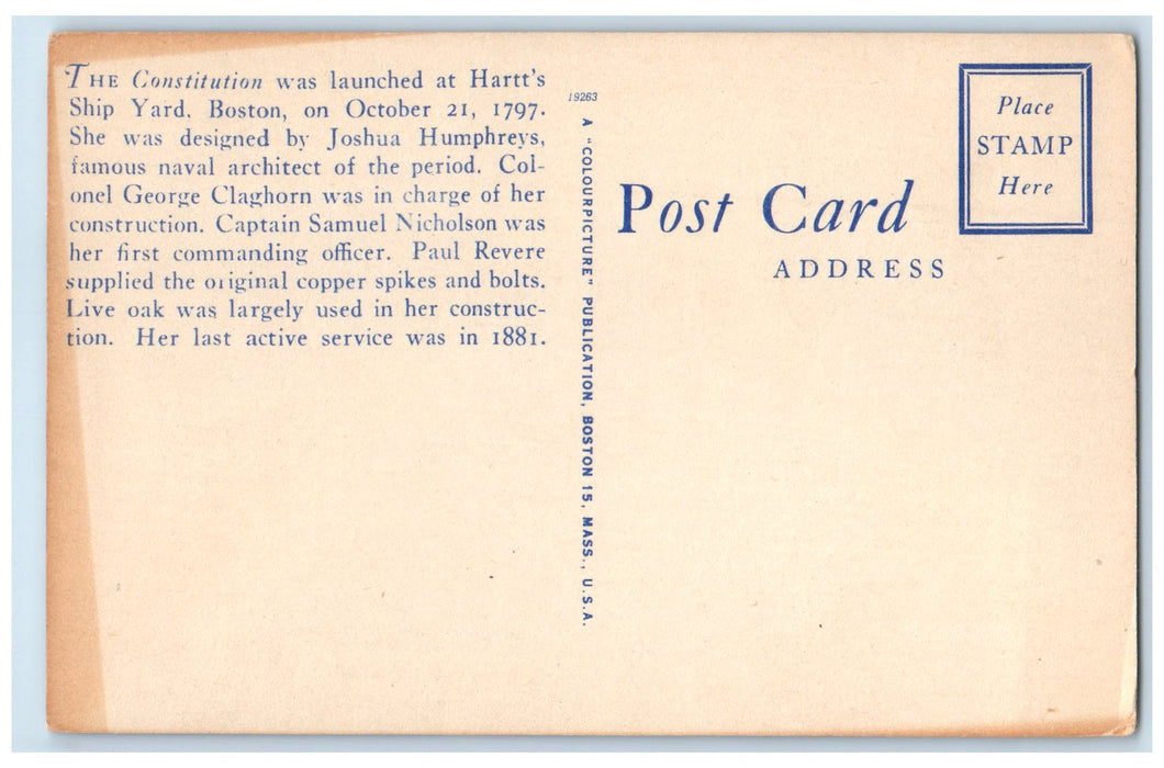 c1950 Constitution Launched At Hartts Ship Yard Boston Massachusetts MA Postcard