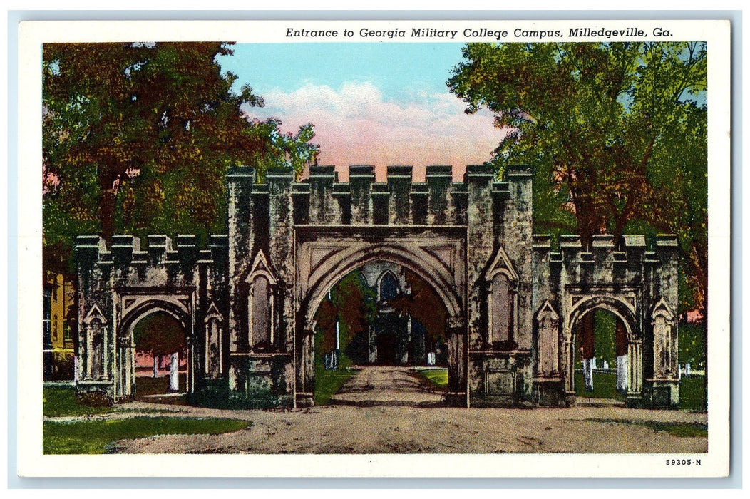 c1940's Entrance To Georgia Military College Campus Milledgeville GA Postcard