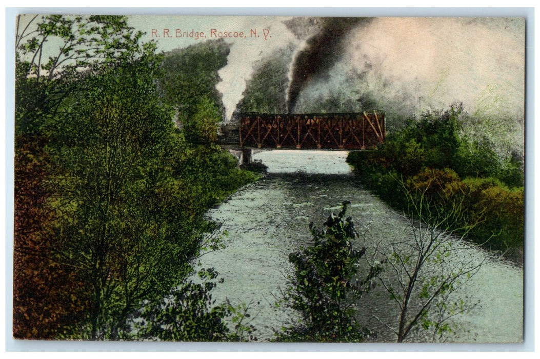 1913 Rail Road Truss Bridge Locomotive Lake River Roscoe New York NY Postcard