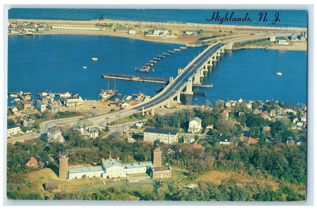 c1950 Aerial View Of Twin Lights & Bridge Highland Beach New Jersey NJ Postcard