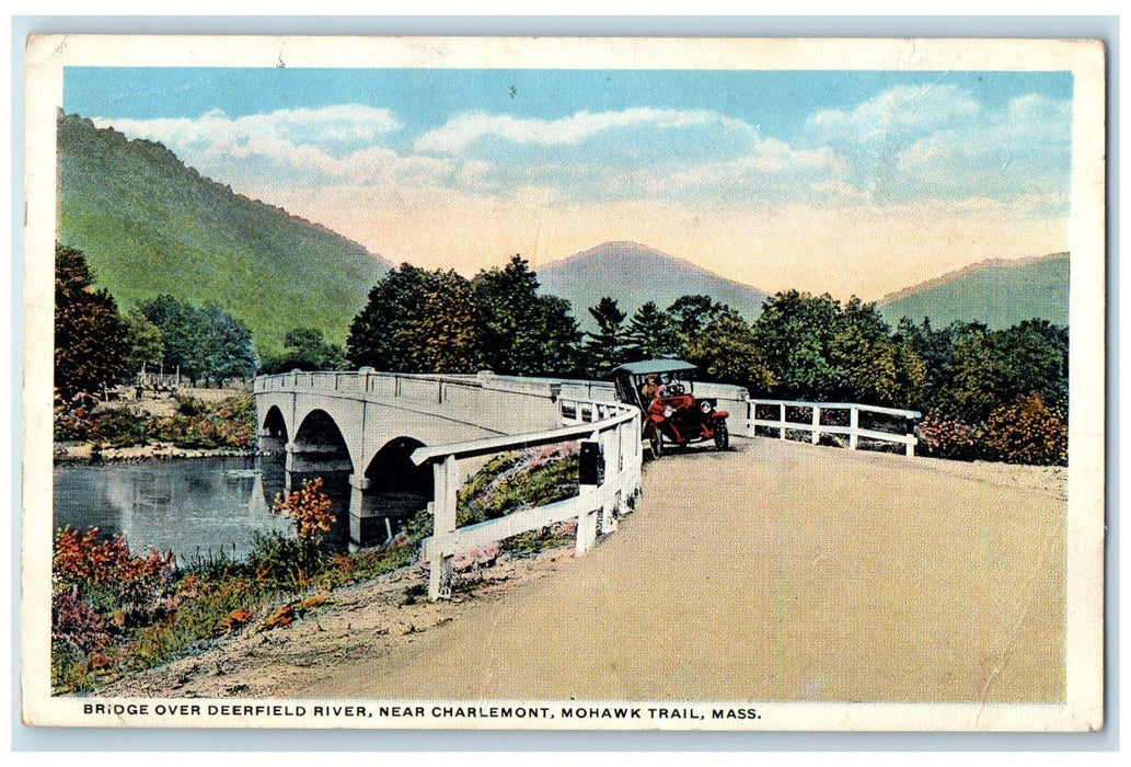 1920 Bridge Over Deerfield River Charlemont Classic Car Mohawk Trail MA Postcard