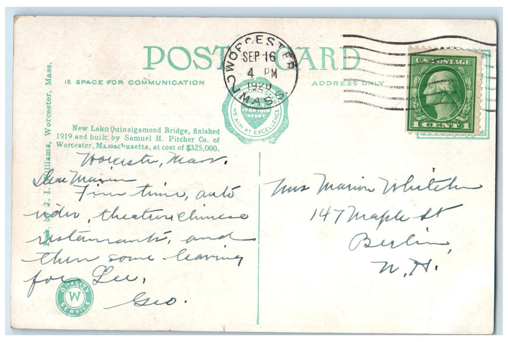 1920 New Lake Quinsigamond Bridge Worcester Massachusetts MA Posted Postcard
