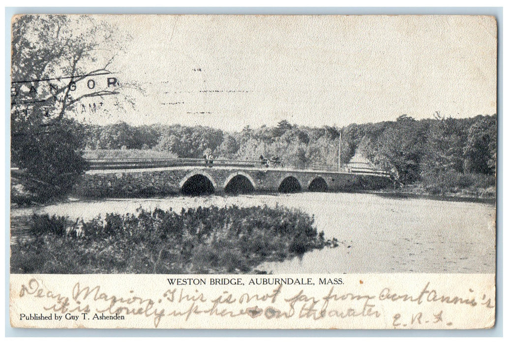 1908 Weston Bridge Lake River Horse Buggy Auburndale Massachusetts MA Postcard