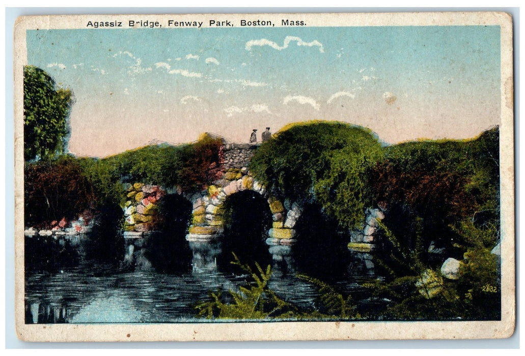 1917 Agassiz Bridge Made Of Rock Lake River Man Fenway Park Boston MA Postcard
