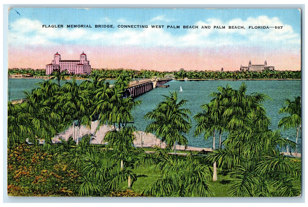 c1940's Flagler Memorial Bridge West Palm Beach & Palm Beach Florida FL Postcard