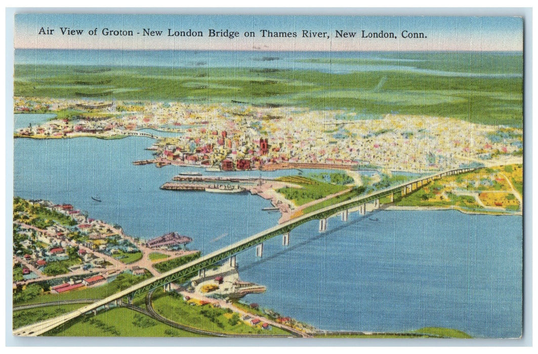 1955 Air View Of Groton New London Bridge On Thames River New London CT Postcard