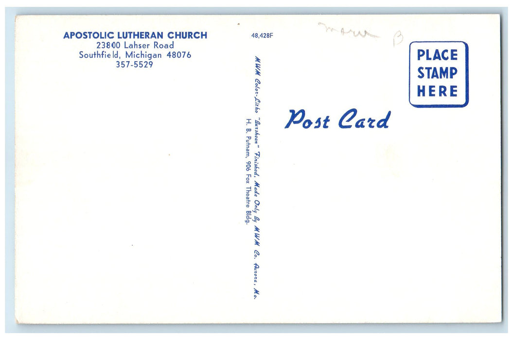 c1950's Apostolic Lutheran Church Lahser Road Southfield Michigan MI Postcard