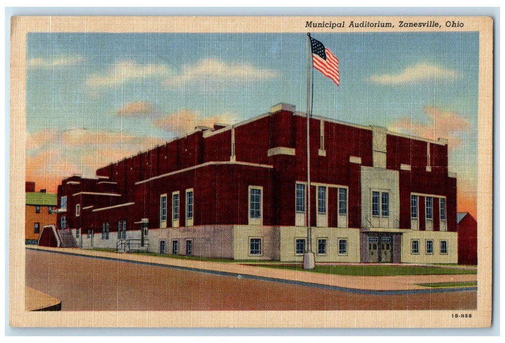 1951 Municipal Auditorium Building US Flag Entrance Zonesville Ohio OH Postcard