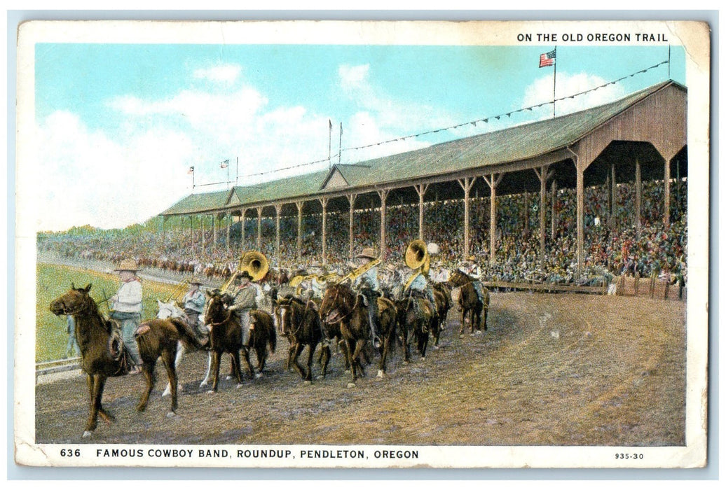 c1920 Famous Cowboy Band Roundup Dirt Tracks Crowd Pendleton Oregon OR Postcard