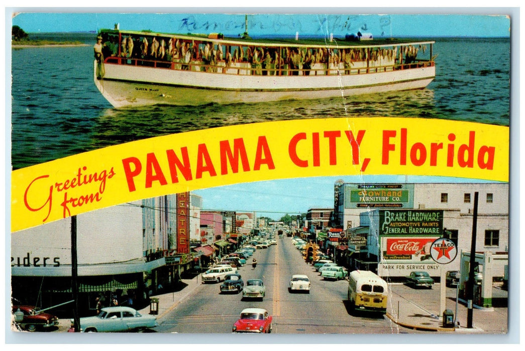 1960 Greetings From Panama City Fishing Boat Downtown Cars Florida FL Postcard