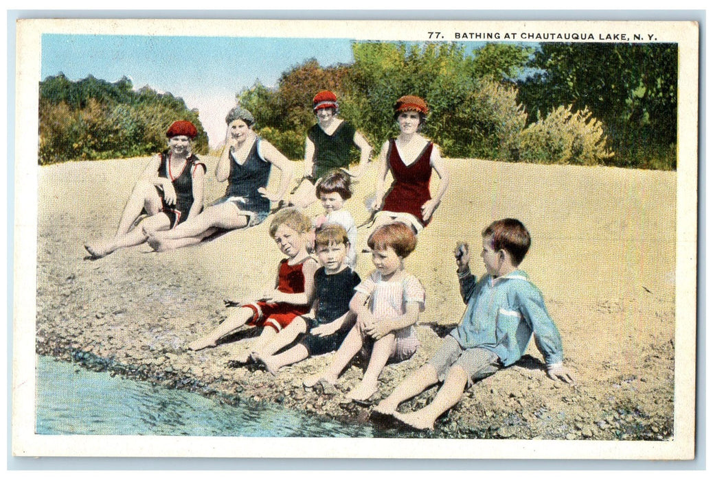 c1920's Bathing Group of Women & Kids At Chautauqua Lake New York NY Postcard