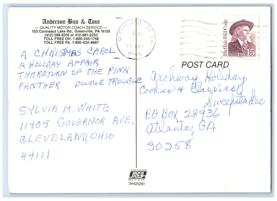 1988 Anderson Bus & Tour Quality Motor Coach Service View Greenville PA Postcard
