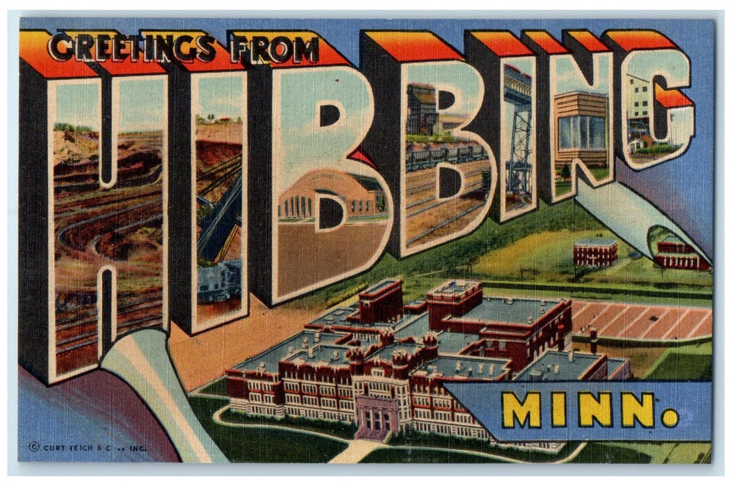 c1940 Greetings From Hibbing Big Letters Multiview Minnesota MN Vintage Postcard