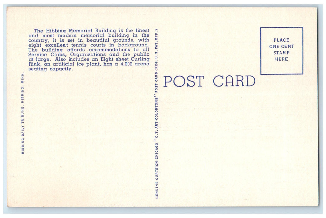 c1940's The Hibbing Memorial Building Roadside Hibbing Minnesota MN Postcard
