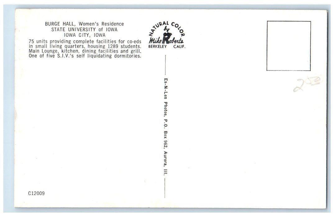 c1950 Burge Hall Womens Residence State University Of Iowa Iowa City IA Postcard