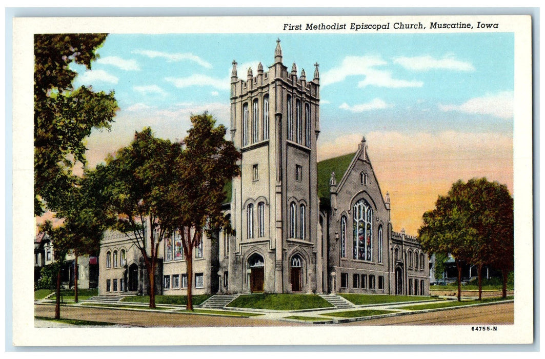 c1920 First Methodist Episcopal Church Building Tower Muscatine Iowa IA Postcard