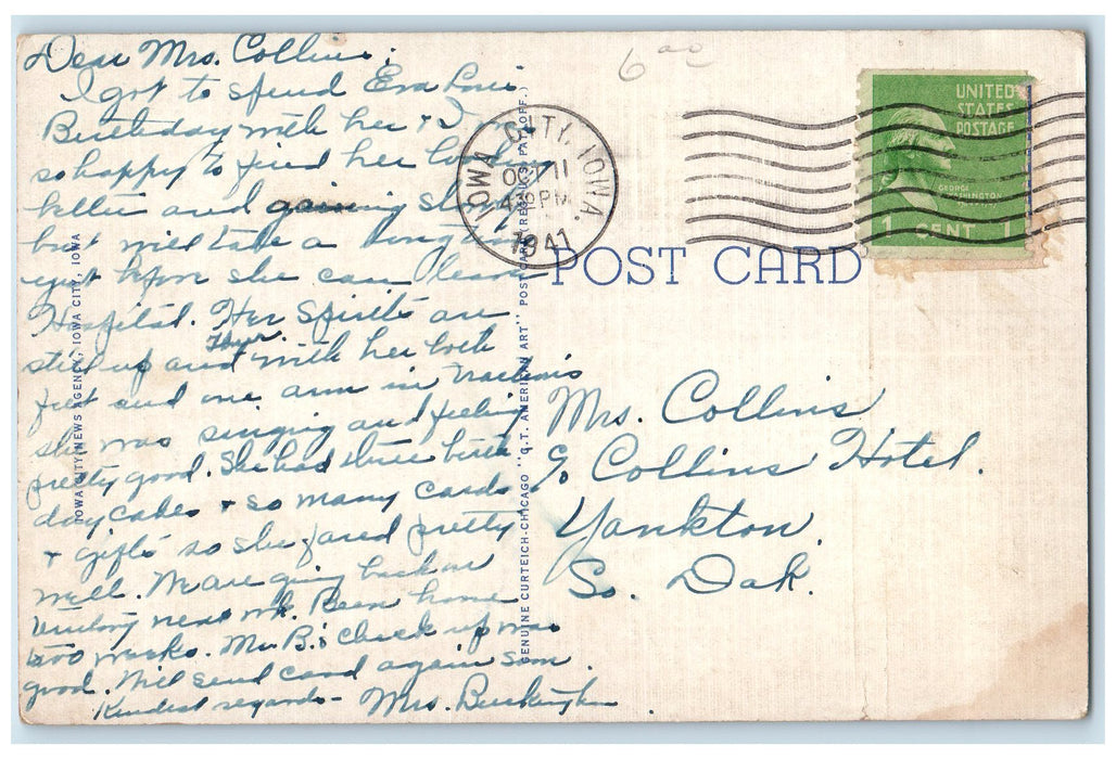 1941 University Hospital Tower At Night State University Iowa City IA Postcard