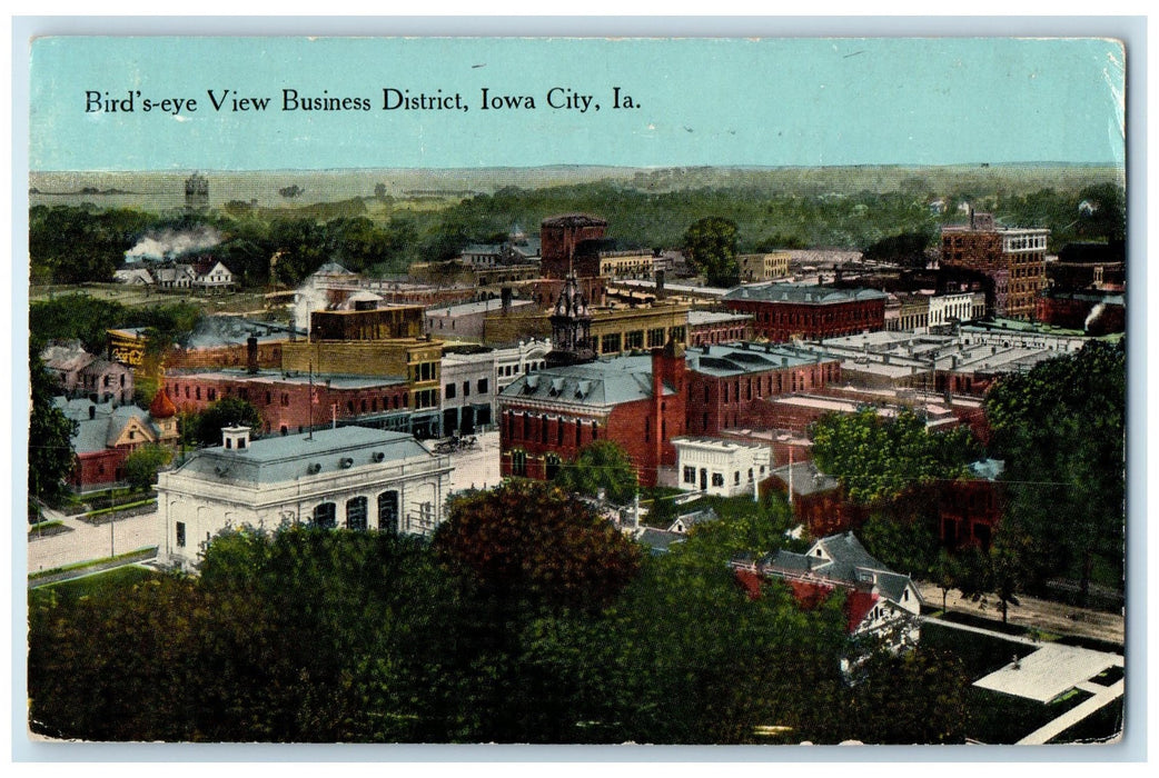 c1910 Birds Eye View Business District Building Tower Iowa City Iowa IA Postcard