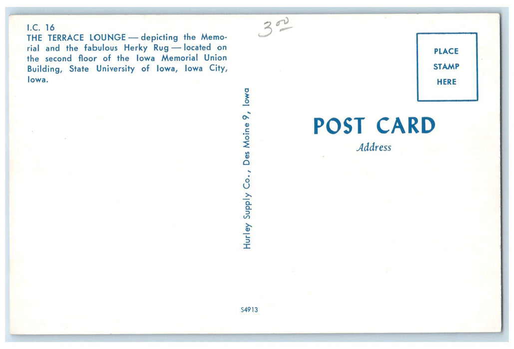 c1950's The Terrace Lounge Memorial Union Building Iowa City Iowa IA Postcard