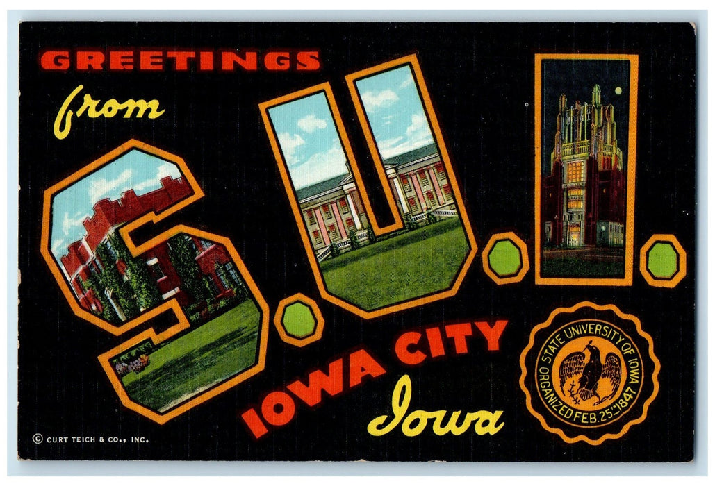 c1940's Greetings From S.U.I. Big Letters Multiview Iowa City Iowa IA Postcard