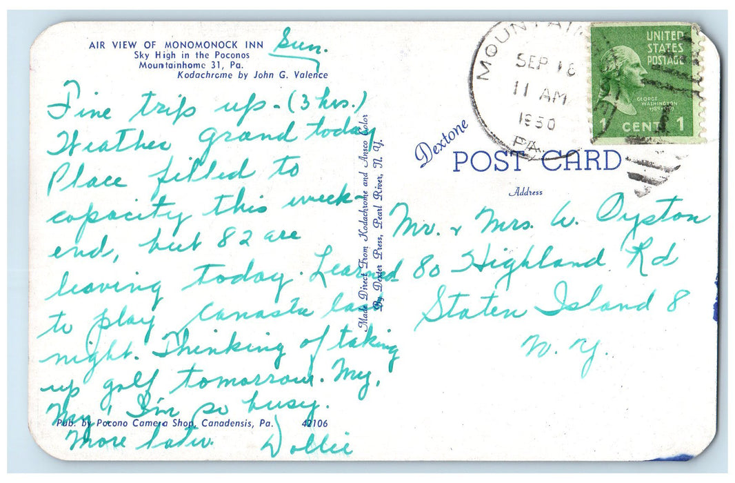 1950 Air View Monomonock Inn Mountainhome Pennsylvania PA Posted Trees Postcard