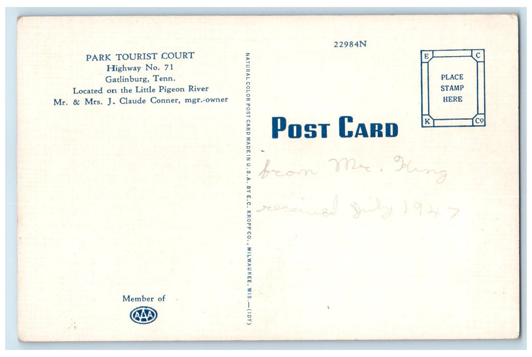 c1940's Park Tourist Court Exterior Roadside Gatlinburg Tennessee TN Postcard