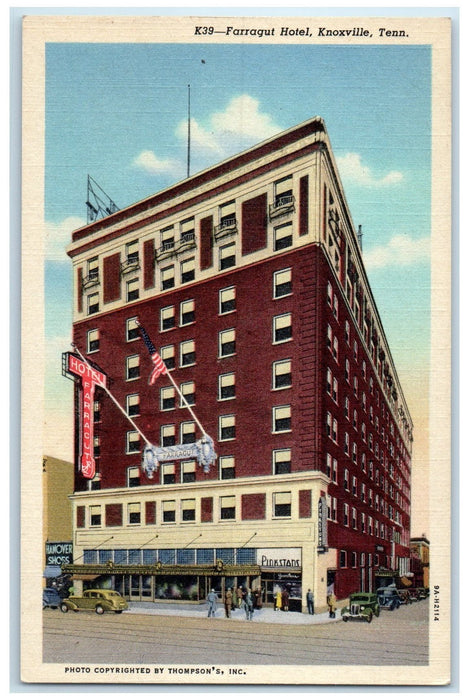 c1940s Farragut Hotel Exterior Roadside Knoxville Tennessee TN Unposted Postcard