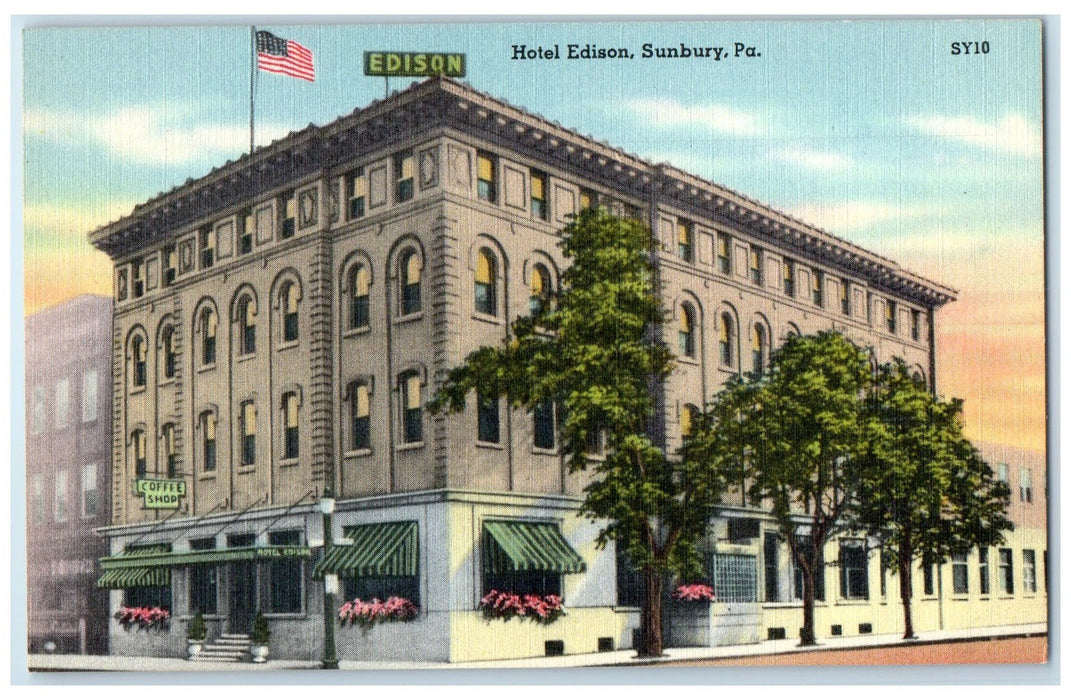 c1940's Hotel Edison Exterior Sunburry Pennsylvania PA Unposted Trees Postcard