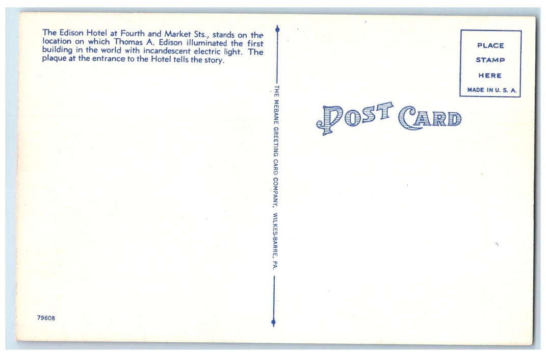 c1940's Hotel Edison Exterior Sunburry Pennsylvania PA Unposted Trees Postcard