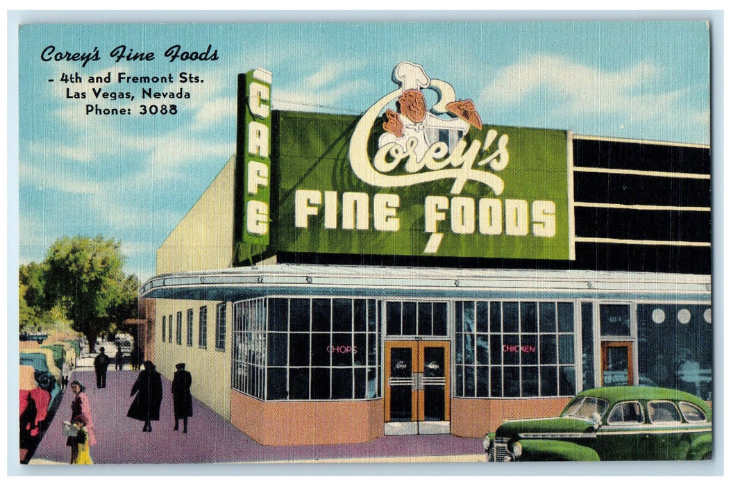 c1940's Corey's Fine Foods Exterior Roadside Las Vegas Nevada NV Cars Postcard