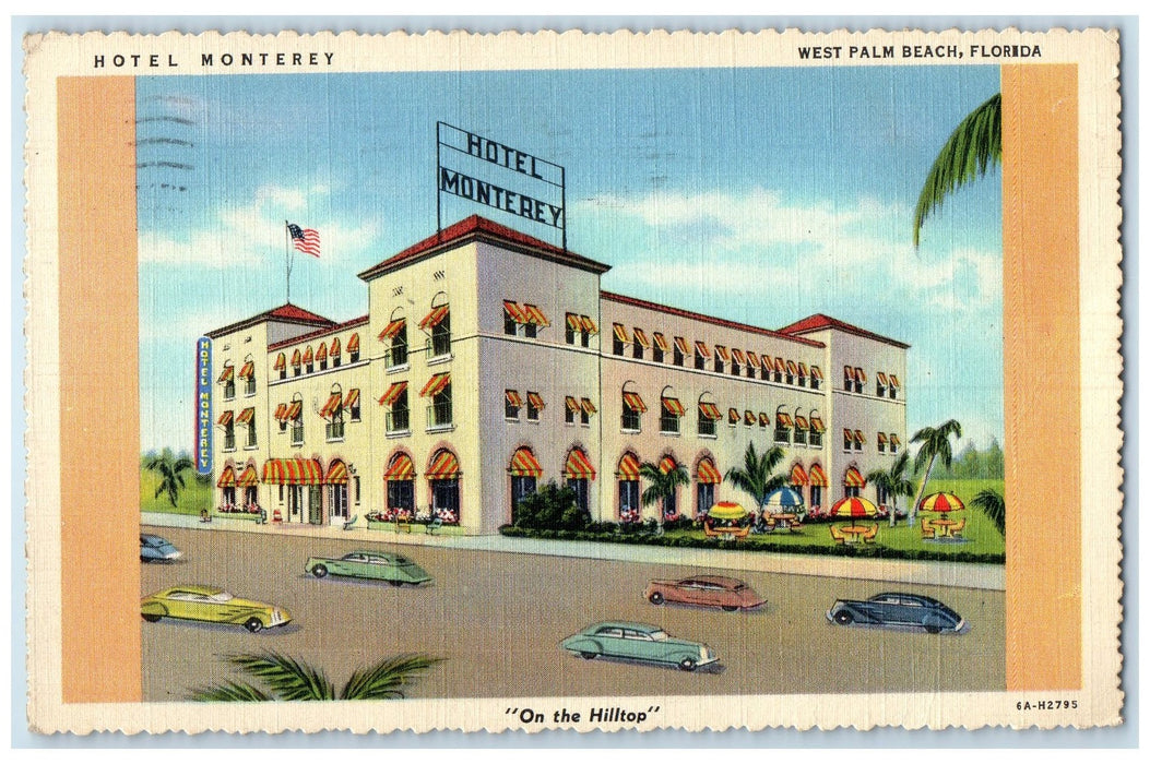 1939 Hotel Monterey Exterior Roadside West Palm Beach Florida FL Flag Postcard