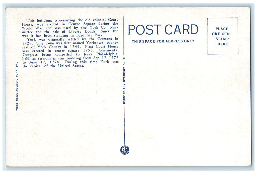 c1940 Old State House Farquhar Park Us Flag Tower York Pennsylvania PA Postcard