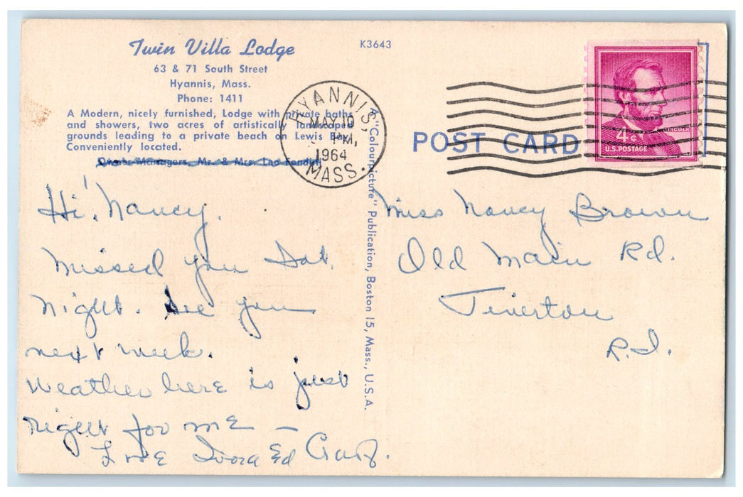1964 Twin Villa Lodge Hotel & Restaurant View Hyannis Massachusetts MA Postcard