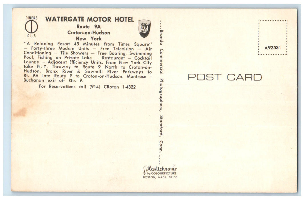 1960's Watergate Motor Hotel Swimming Pool Hudson New York NY Unposted Postcard