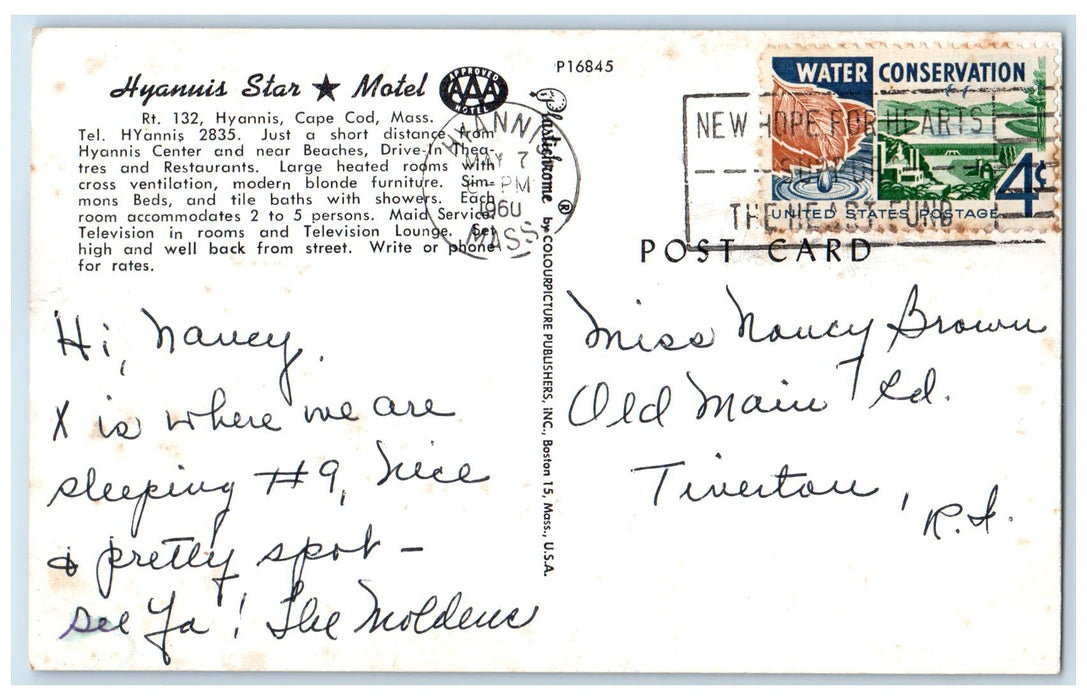 1960 Hyannis Star Motel & Restaurant Cottages Cape Cod Massachusetts MA Postcard