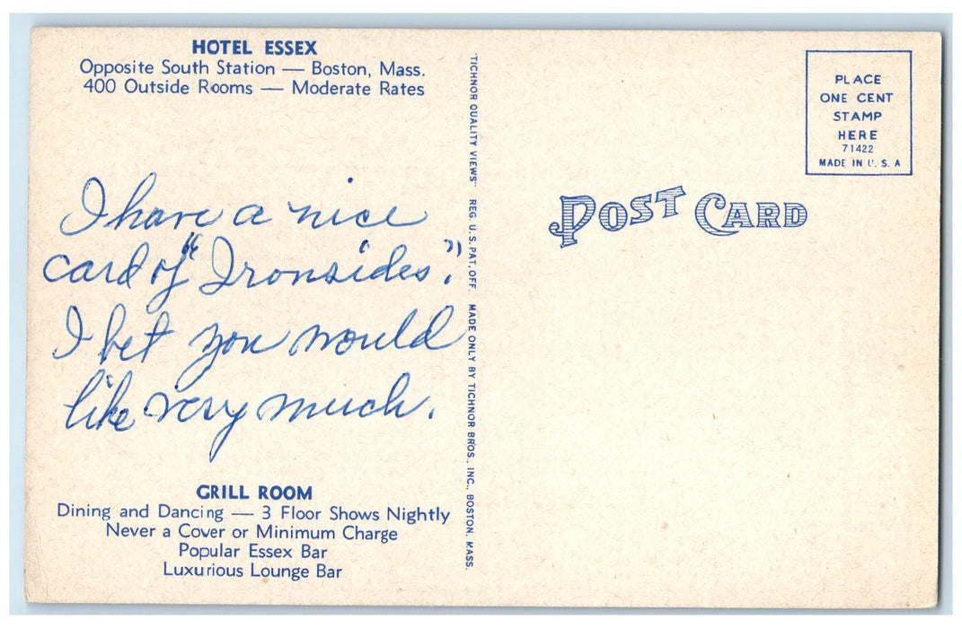 c1940's Hotel Essex & South Station Restaurant Boston Massachusetts MA Postcard