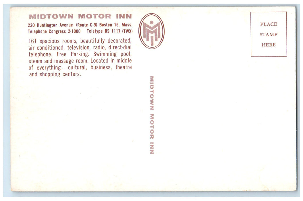 c1950's Midtown Motor Inn & Restaurant Lobby Boston Massachusetts MA Postcard