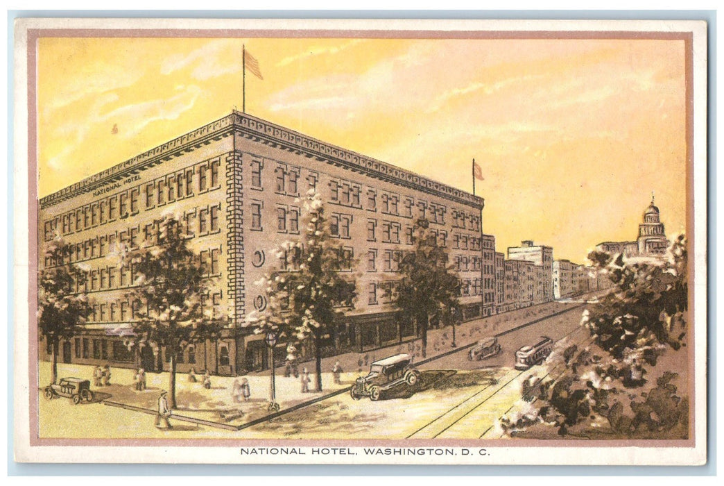 c1940's National Hotel Exterior Roadside Washington DC Unposted Trees Postcard