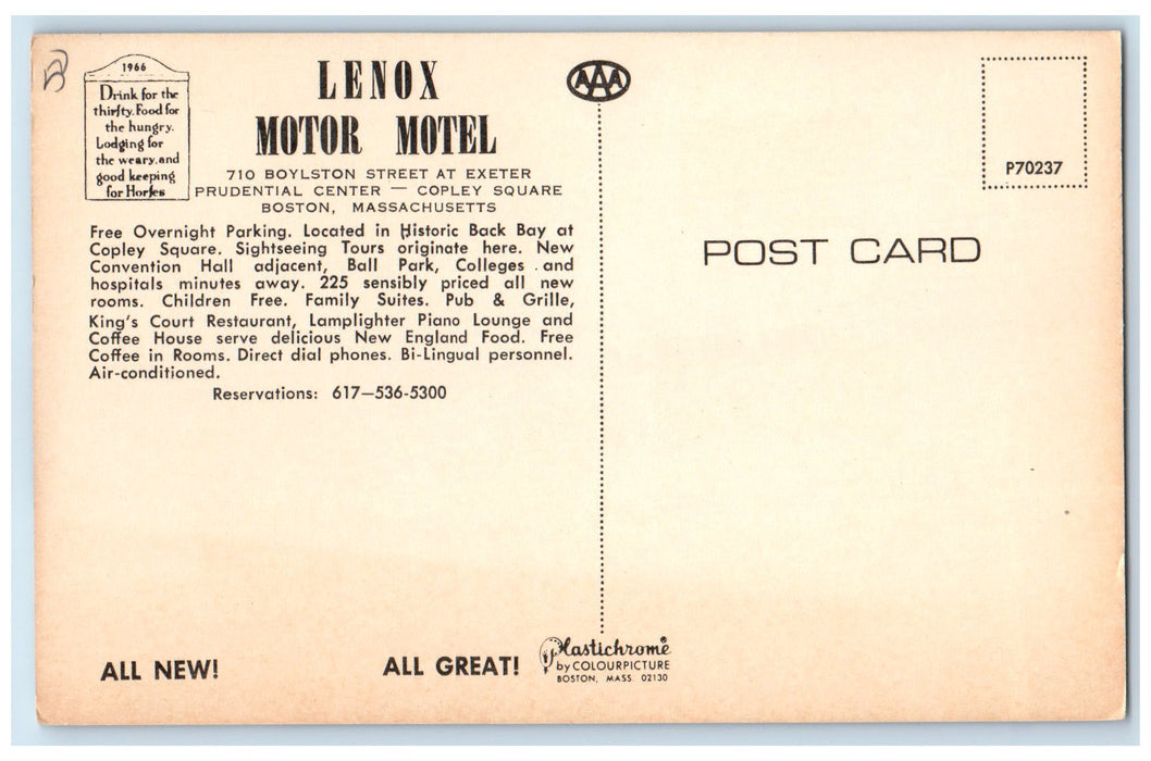 c1950 Lenox Motor Motel & Restaurant Room Lamp Boston Massachusetts MA Postcard