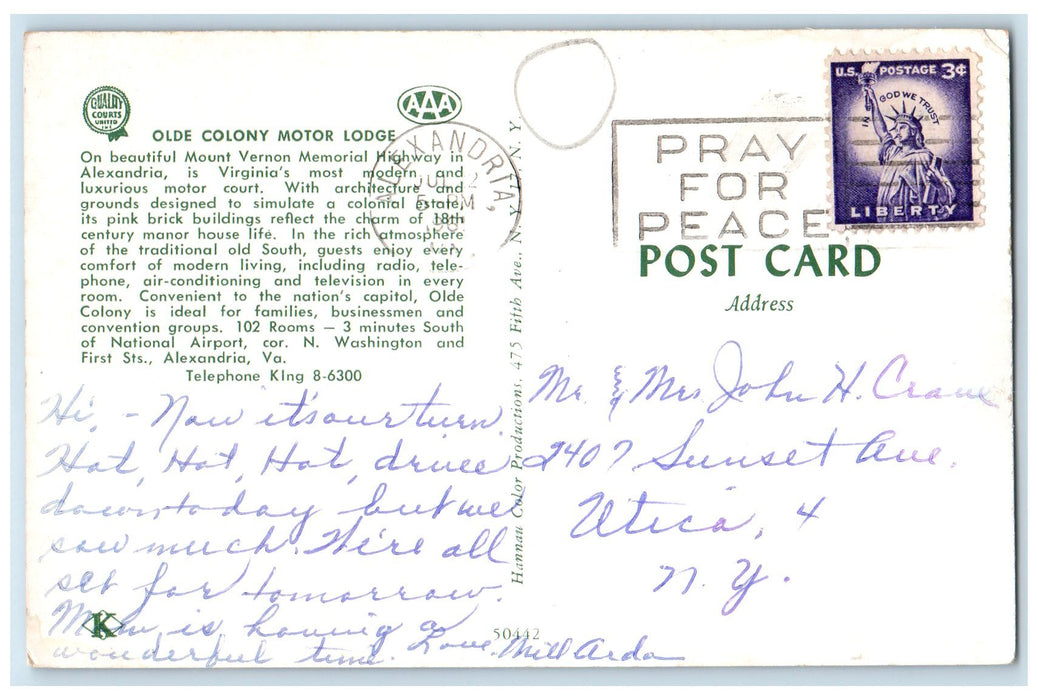 1961 Olde Colony Motor Lodge Hotel & Restaurant Alexandria Virginia VA Postcard