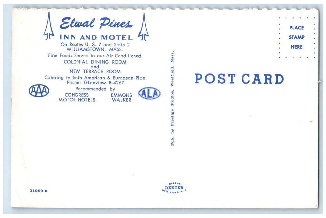 c1950 Elwal Pines Inn & Motel Restaurant Terrace Dining Williamstown MA Postcard