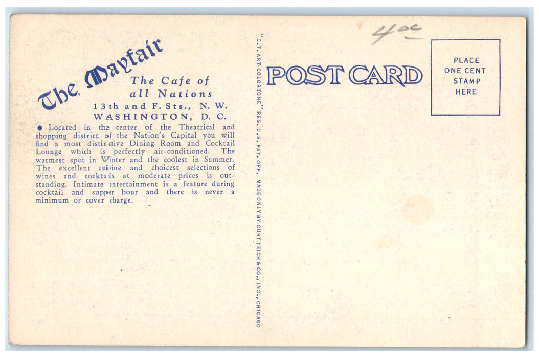 c1940s The Mayfair Scene The Cafe Of All Nations Washington DC Unposted Postcard