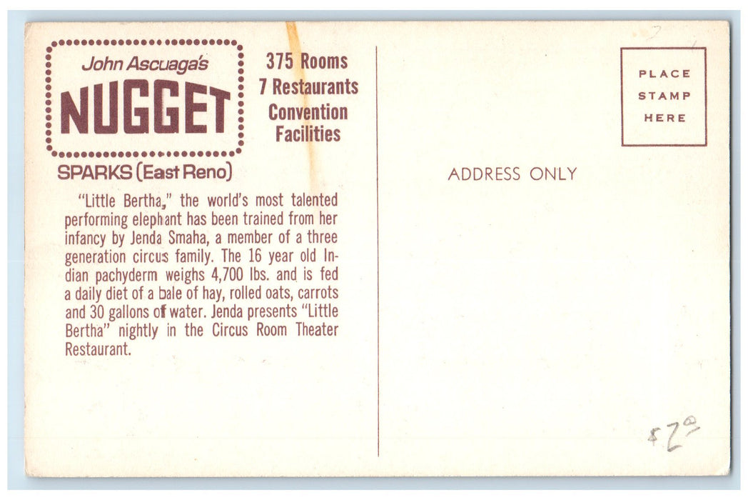 c1960's John Ascuagas Nugget Little Bertha Reno Nevada NV Unposted Postcard