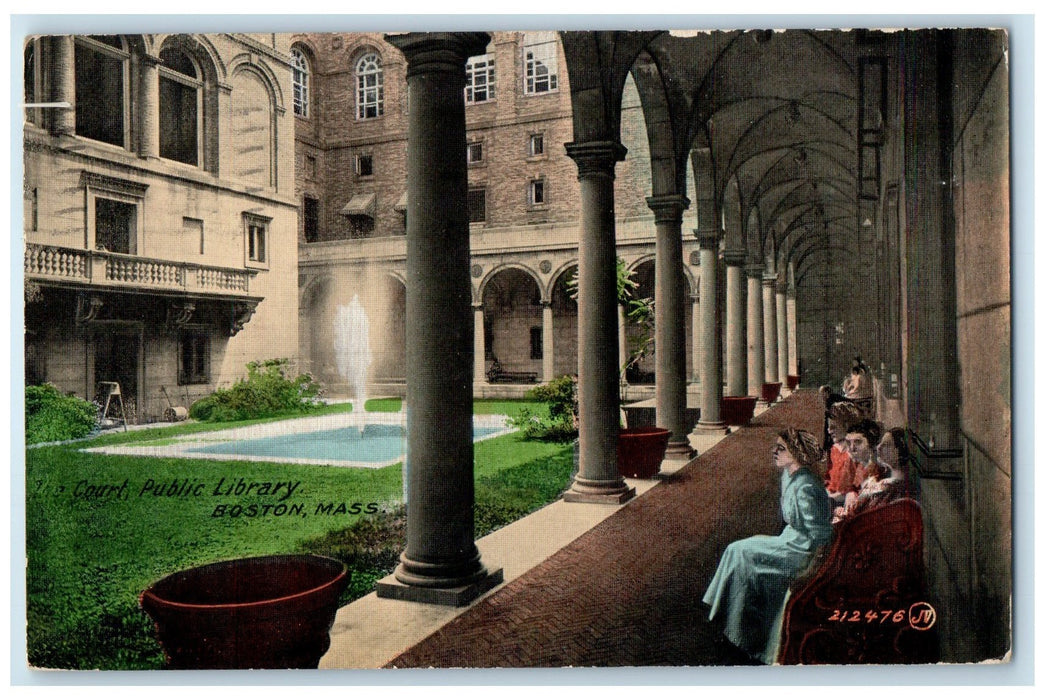 1911 Court Public Library Students Fountain Boston Massachusetts MA Postcard