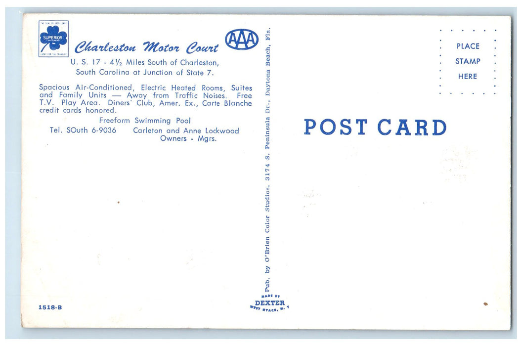 c1960's Charleston Motor Court Charleston South Carolina SC Unposted Postcard