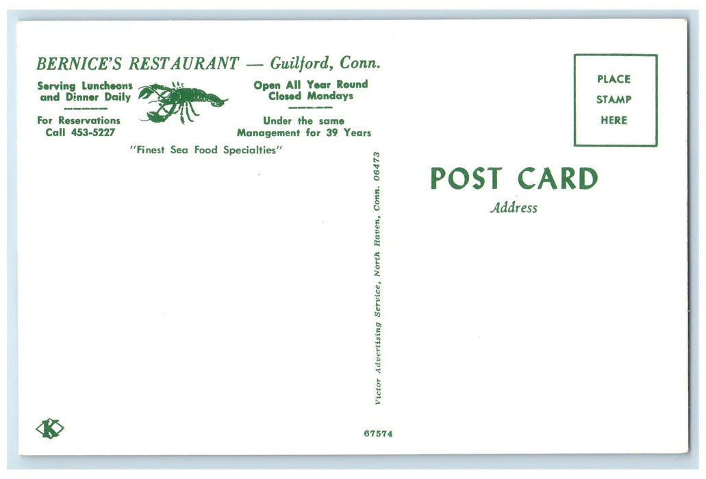 c1960's Bernice's Restaurant Exterior Guilford Connecticut CT Unposted Postcard