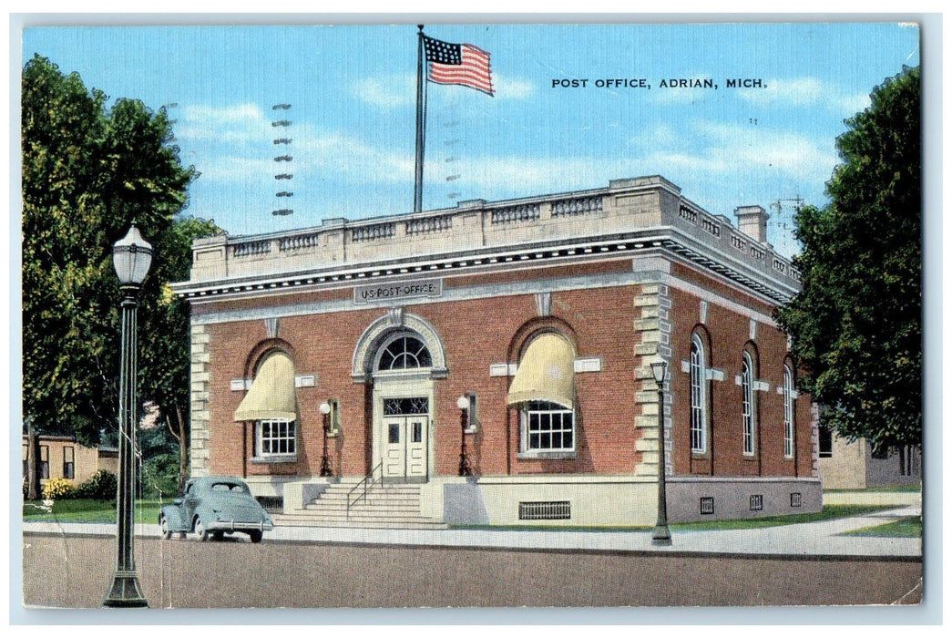 1945 Post Office Building Entrance Flag Classic Car Adrian Michigan MI Postcard